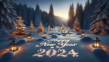 A serene snowy landscape at twilight with tall pine trees, lantern-lit surroundings, and the words Happy New Year 2024 carved in the snow. AI Generated photo