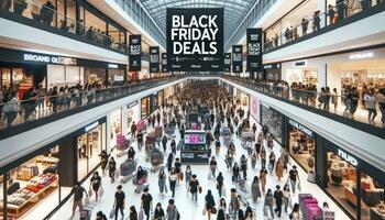 A bustling shopping mall scene with shoppers rushing from store to store, carts filled with discounted items. Banners and signs highlight the Black Friday deals. AI Generative. photo