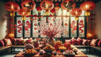 A festive living room adorned with vibrant red lanterns hanging from the ceiling, intricate paper cutouts on the windows, and a centerpiece of plum blossoms on the table. AI Generated photo