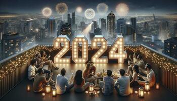 A picturesque rooftop celebration where groups of friends gather, with 2024 illuminated as a centerpiece against an urban landscape with fireworks. AI Generated photo