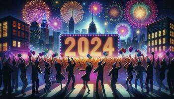 A lively street celebration with revelers dancing and cheering, with the number 2024 illuminated in bright neon colors against a city skyline filled with fireworks. AI Generated photo