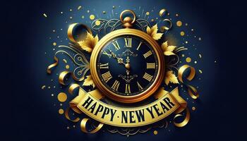 A vibrant poster featuring a golden clock about to strike midnight, with Happy New Year 2024 written elegantly below. Golden confetti and streamers frame the design. AI Generated photo