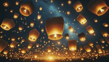 A background capturing the lantern festival essence, with hundreds of illuminated paper lanterns floating against a starlit night sky, each bearing wishes for the year ahead. AI Generated photo