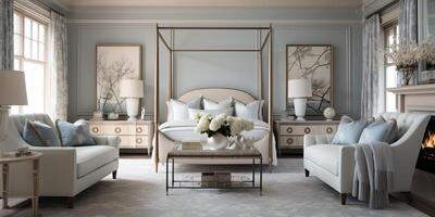 Luxurious furnished master bedroom suite, elegant interior design, modern house design concept, AI Generative photo