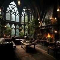 Interior Design, Beautiful Living room Gothic Style, Luxury Mansion, Elegant tall window, AI Generative photo