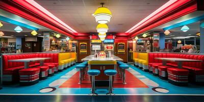 Retro vintage diner restaurant, interior design, stylish old fashioned design concept, AI Generative photo