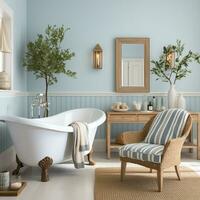 Bathroom in blue and white color, inspired beach design, AI Generative photo