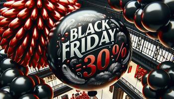 A festive sale with a bright red balloon inscribed with Black Friday in stylish white lettering, adjacent to a shiny black balloon showcasing the 30 Percent offer in striking red. AI Generative. photo