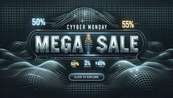 The Cyber Monday Mega Sale text is illuminated, accompanied by pulsating discount percentages and a Click to Explore button. AI Generative. photo