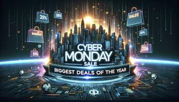 Cyber Monday Sale text emitting digital sparks. A scrolling ribbon announces the Biggest Deals of the Year, complemented by animated shopping bags. AI Generative. photo