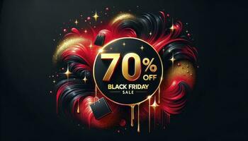 The prominent 70 percent  OFF gleams in gold, complemented by shimmering sparkles. The phrase 'Black Friday Sale' stands out in bright neon lettering, shopping bags and price tags. AI Generated photo