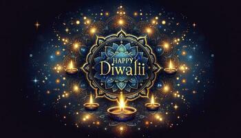 A celestial-inspired deep blue background with shimmering stars and galaxies, highlighting Happy Diwalii in radiant gold lettering, encased by an ornate mandala design and glowing. AI Generative. photo