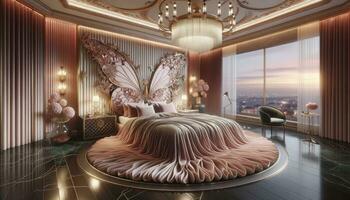 A photo-realistic render of the Butterfly Chamber, emphasizing its opulence, with a bed adorned in blush and rose gold hues and a contrasting dark rug. AI Generated photo