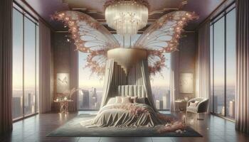 An illustration of the ethereal Butterfly Chamber, showcasing a colossal bed with butterfly-inspired wings against a backdrop of a city. AI Generated photo