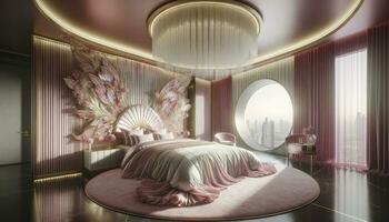 An ethereal bedroom where the bed, shaped like butterfly wings, stands majestically amidst plush pink bedding, a sparkling chandelier, and a large window offering a city view. AI Generated photo