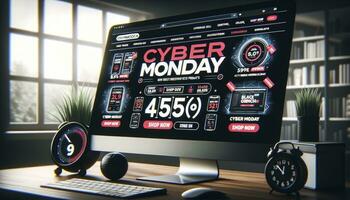 un computadora pantalla mostrando un sitio web página principal exhibiendo varios ciber lunes ofertas, presentando tecnología productos con reducido precios y un prominente 'comercio ahora' botón. ai generativo. foto