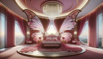 The essence of a modern fairy tale with a bed designed like expansive butterfly wings, deep pink curtains, and a vast circular window revealing a contrasting cityscape. AI Generated photo