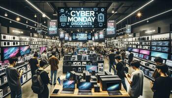 A bustling electronics store with shelves filled with discounted gadgets, laptops, and smartphones. Banners announce the Cyber Monday sales as customers eagerly shop. AI Generative. photo