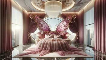A bedroom that merges contemporary design with fairy tale elements, highlighted by a bed inspired by butterfly wings, cascading pink bedding, a radiant chandelier, and a grand window. AI Generated photo