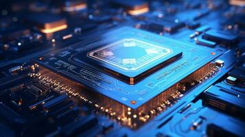 High-tech Computer chip close up shot, production of electronic, circuit board, futuristic design, extreme detail, AI Generative photo