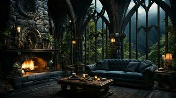 Interior Design, Beautiful Living room Gothic Style, Luxury Mansion, Elegant tall window, AI Generative photo