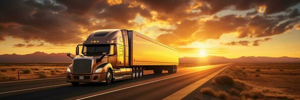 Trucks driving on highway, rural landscape, dramatic sunset, transportation on road, AI Generative photo