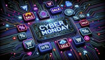A dynamic background featuring digital circuit patterns, vibrant sale tags, and neon lights flashing Cyber Monday in futuristic fonts. AI Generative. photo