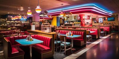 Retro vintage diner restaurant, interior design, stylish old fashioned design concept, AI Generative photo