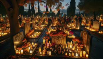 un cementerio escena dónde familias reunir alrededor hermosamente decorado tumbas, evocando un sentido de reverencia y remembranza. ai generativo. foto