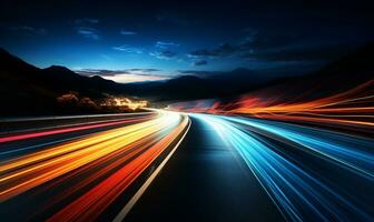 vistoso coche ligero caminos, largo exposición foto a noche, ai generativo