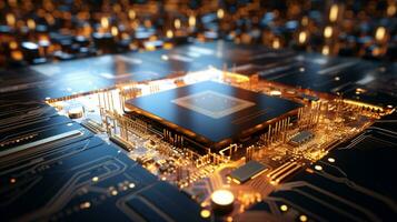 High-tech Computer chip close up shot, production of electronic, circuit board, futuristic design, extreme detail, AI Generative photo