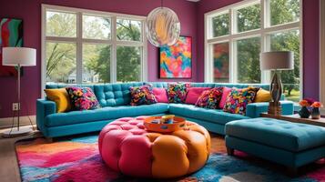 Furnished Modern Living room, bright blue and pink color palette, interior design, AI Generative photo