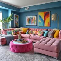 Furnished Modern Living room, bright blue and pink color palette, interior design, AI Generative photo