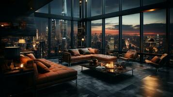 Interior Design modern Living room, windows show stunning view of the city skyline, Empty room apartment, AI Generative photo