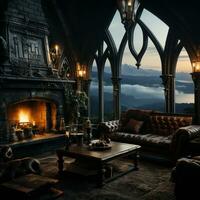 Interior Design, Beautiful Living room Gothic Style, Luxury Mansion, Elegant tall window, AI Generative photo