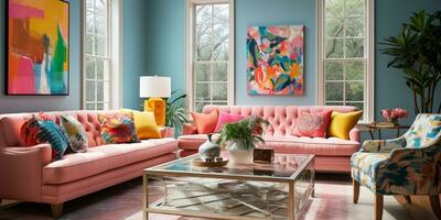 Furnished Modern Living room, bright blue and pink color palette, interior design, AI Generative photo