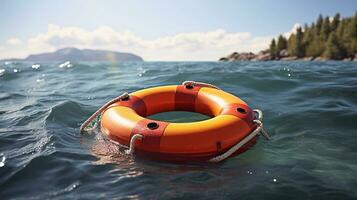 un imagen de boya salvavidas flotante en el mar en un soleado verano día seguro concepto. generativo ai foto