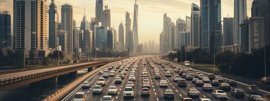 drone shot Traffic jam in road. Traffic jam at rush hour. traffic block at road Generative AI photo