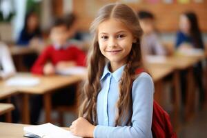 Image of Cute little girl sitting at school desk in classroom, on blurred background Generative AI photo