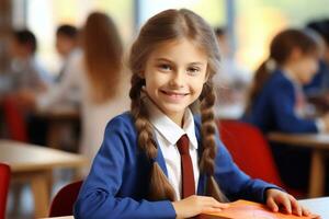 un foto de linda pequeño niña sentado a colegio escritorio en aula, en borroso antecedentes generativo ai