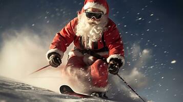 A picture of Santa Claus skiing downhill in high mountains. Christmas and New Year holidays concept Generative AI photo