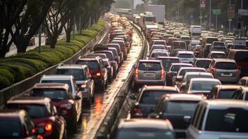 foto tráfico mermelada en la carretera. tráfico mermelada a prisa hora. tráfico bloquear a la carretera generativo ai