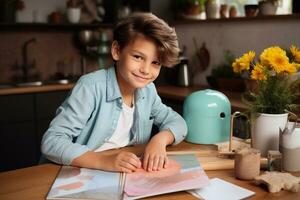 A photo of smiling preteen boy doing homework at table in kitchen at home Generative AI