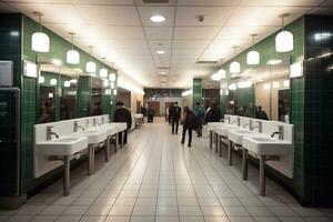 un imagen de interior de moderno hombres baño con fila de blanco urinarios generativo ai foto