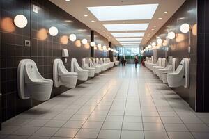 A photo of Interior of modern men bathroom with row of white urinals Generative AI