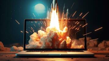 un imagen de cohete viniendo fuera de un ordenador portátil pantalla. mezclado medios de comunicación generativo ai foto
