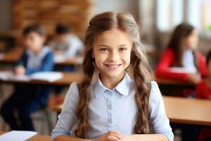 un de cerca de linda pequeño niña sentado a colegio escritorio en aula, en borroso antecedentes generativo ai foto