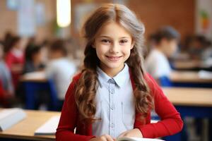 un imagen de linda pequeño niña sentado a colegio escritorio en aula, en borroso antecedentes generativo ai foto