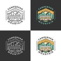 morning mountain and campervan badge monoline or line art style vector illustration