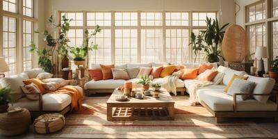 Furnished Modern Living room, bohemian inspired interior design, AI Generative photo